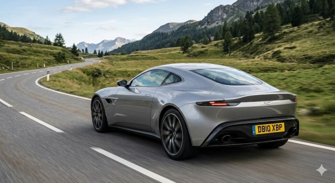 A dynamic, high-resolution motion shot of a sleek silver Aston Martin DB10 driving along a winding mountain pass, prominently di