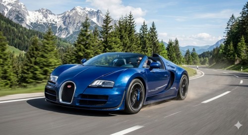 A striking blue 2015 Bugatti Veyron Grand Sport Vitesse convertible hypercar driving fast around a sweeping bend on an alpine mo