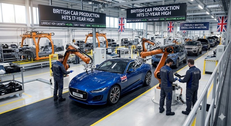 A modern British luxury sports car moving down a high-tech automated production line with robotic arms inside a UK car manufactu