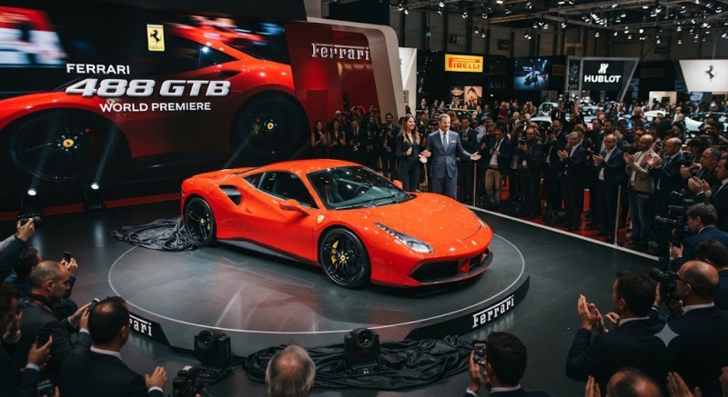 A sleek red Ferrari 488 GTB on a rotating pedestal at a major international car show, surrounded by a crowd of attendees and pho