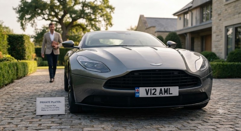 A luxury car parked on a cobblestone driveway featuring a personalized registration plate, highlighting the benefits of private 