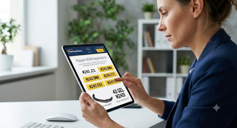 A close-up view of a woman using a tablet to browse a curated list of M240 prefix number plates and 4D gel physical styling opti